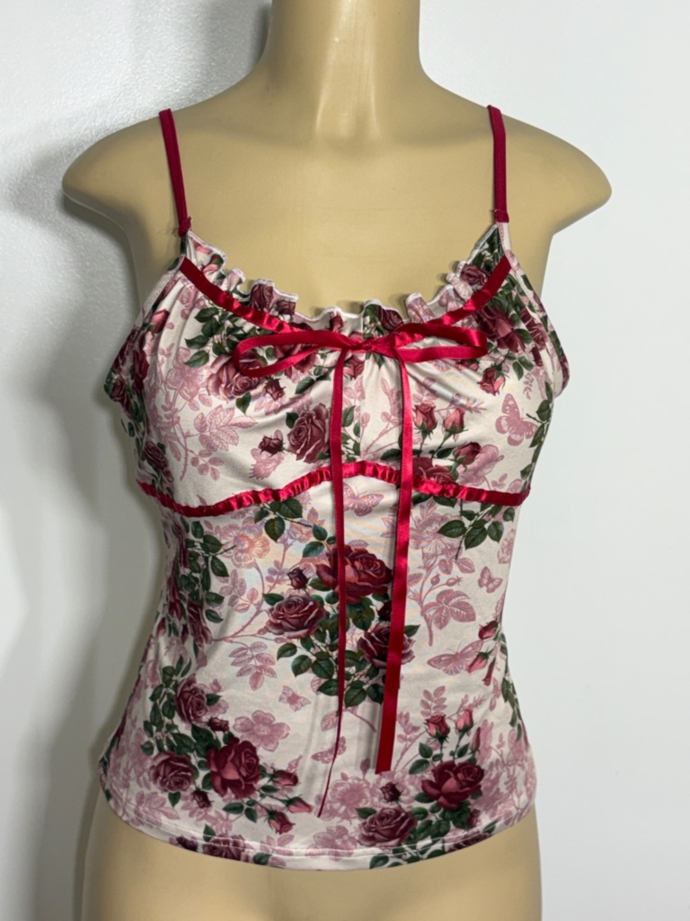 ROMWE Cream Floral Satin Cami with Red Ribbon Trim